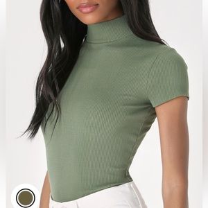 Olive Green Ribbed Mock Neck Bodysuit (Small)